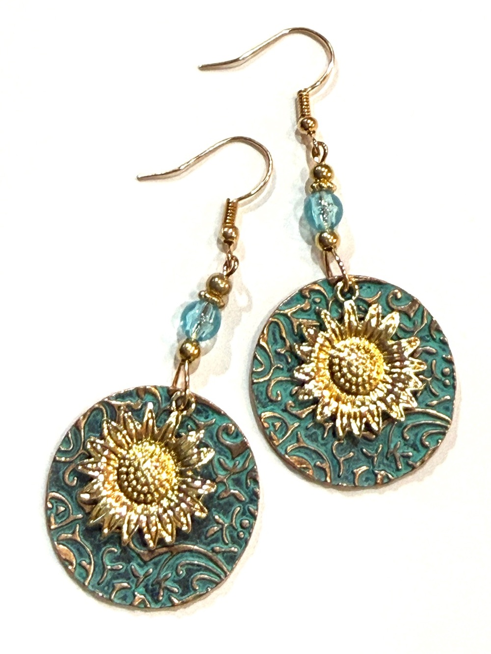 Gold Sunflower Teal Drop Earrings - Women Jewelry Earrings